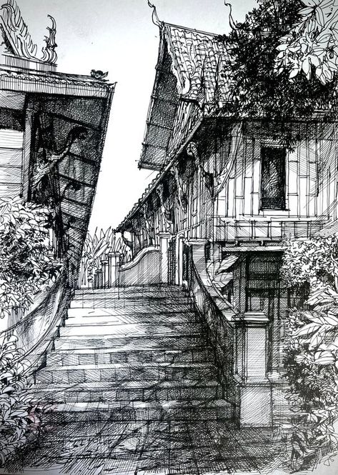 Traditional Pen and Ink Illustrators | Sketch drawing line pen ink + Watercolor on paper collection #Tumdec art | Facebook Pen Rendering Architecture, Pen Hatching Art, Ink House Drawing, Architecture Line Drawing Illustration, Urban Ink Sketch, Watercolor Paintings With Pen, Ink And Watercolor Art Landscape, Pen & Ink, Pen Work Drawings