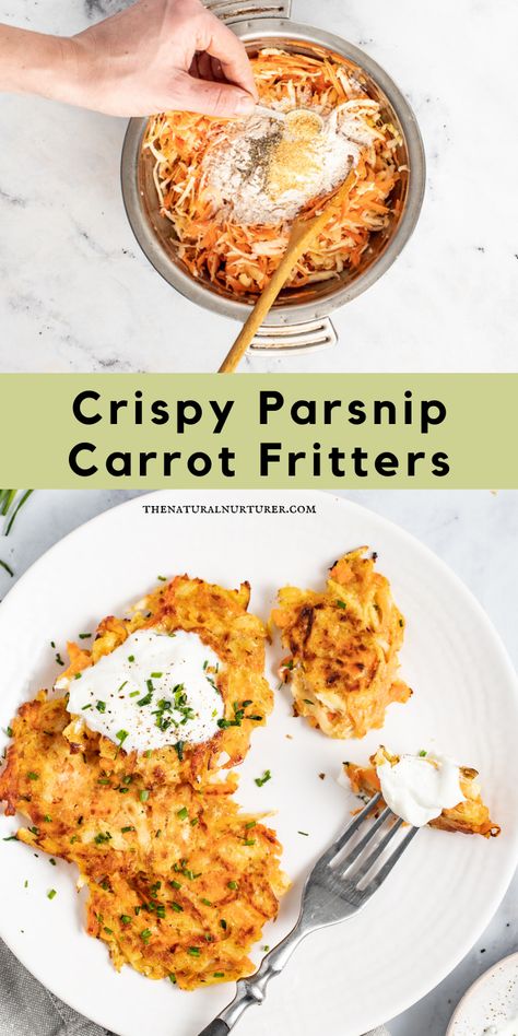 These Parsnip Carrot Fritters are the mix of two delicious root veggies into one delicious and easy recipe. Perfectly seasoned and great as part of a savory breakfast, snack or veggie side. #veggieloaded Low Nickel Recipes, Parsnip Pasta, Parsnip Fritters, Parsnips Recipes, Carrot And Parsnip Recipe, Harvest Menu, Parsnips Recipe, Parsnips And Carrots, Garden Meals