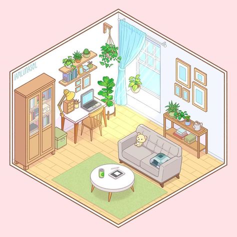 Felice Regina on Instagram: “I was itching to draw another isometric room and this ikea-wannabe room ended up being the result! I snuck in some of my own possessions…” Room Drawings Aesthetic, Aesthetic Bedroom Drawing, Cute Room Drawing, Rooms Drawing, Korilakkuma Plush, Room Digital Art, Isometric Rooms, Living Room Drawing, Isometric Room