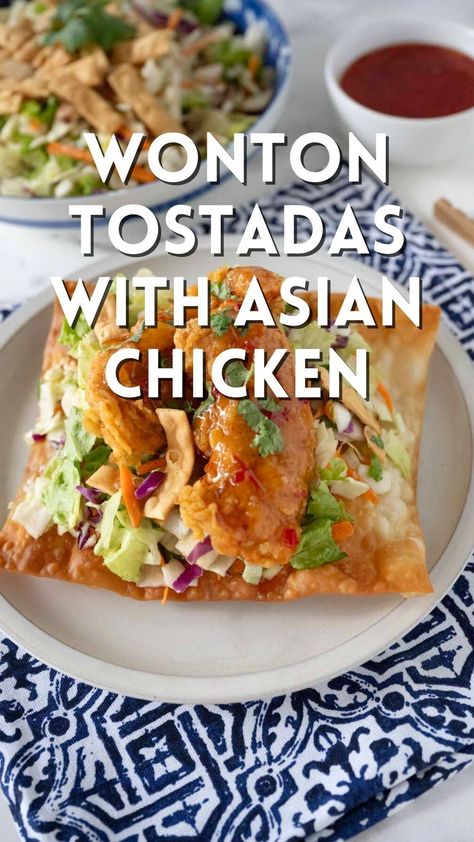 Wonton Tostadas with Asian Chicken is a tostada made from wonton and stuffed with a crispy fresh Asian salad and glazed chicken tenders. Asian meets Mexican in a delightful flavor fusion that is fun and family friendly, and made quick and easy! Asian Wonton Tacos, Fun Easy Dinner Ideas For Family, Asian Fusion Tacos, Fusion Dinner Recipes, Appetizers For Dinner Main Dishes, Asian Inspired Food, Recipes With Fresh Ingredients, Mexican Asian Fusion Food, Asian Mexican Fusion Recipes