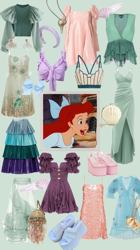 Ariel #ariel #thelittlemermaid #disney #disneybound #outfitinspo #disneyfashionseries #disneyprincesses #mermaid #mermaidcore #blue #teal #purple Princess Ariel Outfit Ideas, Ariel Themed Outfits, Disney Princess Inspired Outfits Women, Mermaid Casual Outfits, Mermaid Theme Outfit, Ariel Inspired Dress, Ariel Disney Outfit, Ariel Aesthetic Outfit, Disney Princess Outfits Women Casual