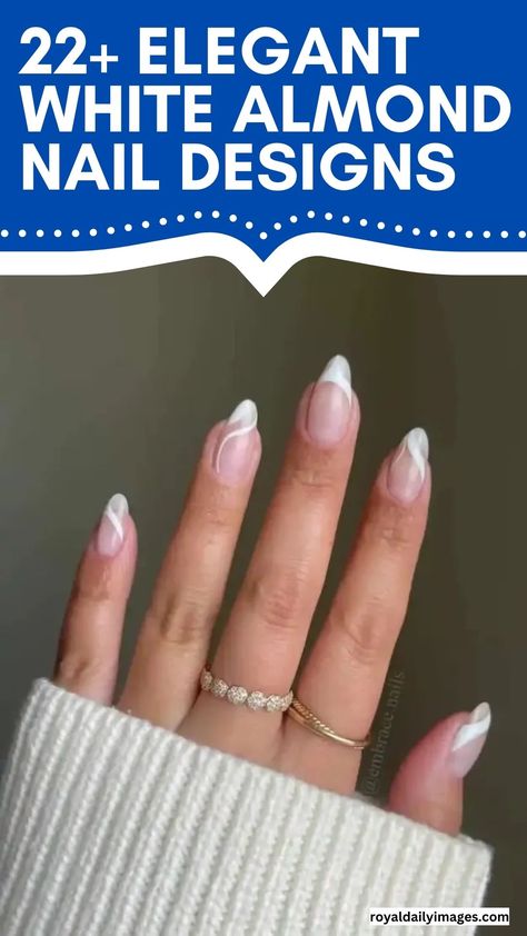 Elegant White Almond Nail Designs White Almond Nails With Design On Ring Finger, White Acyrilics Nails Almond, White Holiday Nails Almond, White Tip Acrylic Nails Almond, White And Silver Nails Almond, White Almond Nails Designs, White Almond Nail Designs, Winter Almond Nails Ideas, Natural Almond Nails