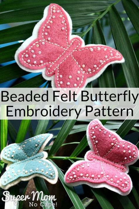 Make one (or more) of these beautiful Beaded Felt Butterflies. Free pattern to download and stitch in your favorite colors of felt and embroidery floss. The beads add that extra special touch. Perfect to turn into brooches, hair clips or to hang by invisible thread in your window. #butterflies #feltprojects #embroidery #beading Felt Butterflies, Fabric Butterflies, Felt Butterfly, Tote Bag Pattern Free, Butterfly Ornaments, Beginner Sewing Projects Easy, Butterfly Embroidery, Love Sewing, Sewing Projects For Beginners