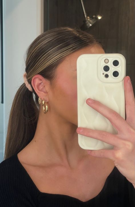 hairstyles, trending hairstyles, low pony, slick low ponytail, gold earrings, trendy jewelry Slick Low Ponytail, Low Pony Hairstyles, Low Ponytail Hairstyles, College Hairstyles, Slick Ponytail, Slicked Back Ponytail, Pony Hairstyles, Ponytail Hairstyles Easy, Plaits Hairstyles