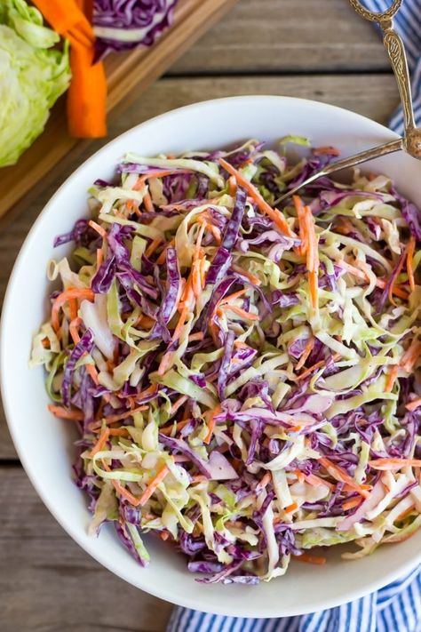 Creamy Greek Yogurt Coleslaw {Mayo Free} - She Likes Food Coleslaw Recipe Greek Yogurt, Cabbage Coleslaw Recipe, Greek Yogurt Coleslaw, Yogurt Coleslaw, Red Cabbage Coleslaw, Recipe With Yogurt, Creamy Coleslaw Dressing, Cabbage Coleslaw, Coleslaw Dressing Recipe