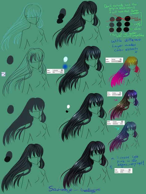 Step By Step - Black Hair tut by Saviroosje on DeviantArt How To Shade Black Hair Anime, Shading Black Hair Digital, Black Hair Shading Drawing, How To Shade Black Hair Digital, Black Hair Shading Tutorial, How To Render Black Hair, Hair Rendering, Rendering Tutorial, Hairstyles Step By Step