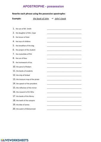 Interactive Worksheets in 120 Languages Apostrophes Worksheet, Possessive Apostrophe, Learning English For Kids, Second Language, School Subjects, Learn English