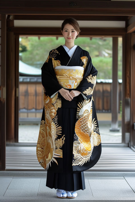 Japanese kimono, traditional Japanese dress, formal kimono, gold obi belt, cultural attire, elegant women's kimono, authentic Japanese wear, ceremonial clothing, intricate kimono design, heritage fashion. Traditional Japanese Kimonos, Tradition Japanese Clothing, Asian Outfits Traditional, Edo Japan Fashion, Fancy Kimono Traditional, Ancient Japan Clothing, Kimono Aesthetic Traditional, Furisode Traditional, Japanese Outfits Traditional