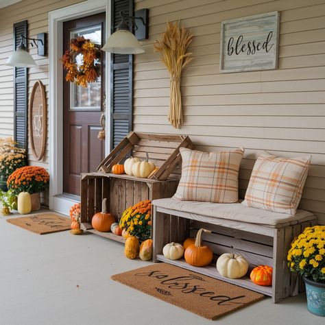 Front Porch Fall Decor Ideas🧡🧡🧡 Simple Fall Front Porch Ideas, Fall Porches Ideas Autumn, Front Porch Fall Decor Ideas, Small Fall Porch, Cozy Front Porch Ideas, Cottage Front Porch, Porch Fall Decor, Fall Front Porch Ideas, Apple Crates