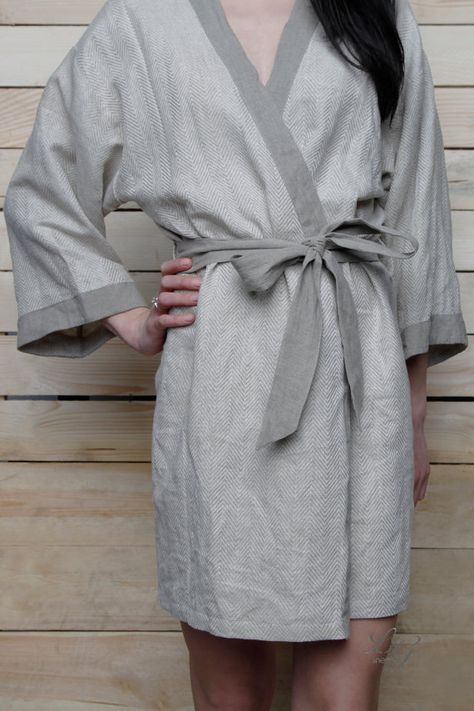 Luxury Bath Robe- Kimono in Herringbone Design Softest Lithuanian Linen Linen Pyjamas, Comfy Robe, Linen Gown, Linen Sleepwear, Wool Purse, Herringbone Design, Custom Towel, Luxury Bath, Womens Robes