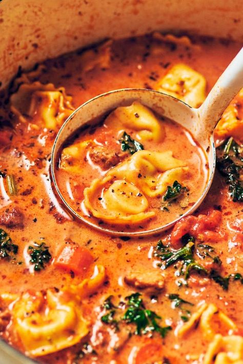 A ladle scooping out Creamy Vegetarian Tortellini Soup out of the pot for serving. Tortellini Soup With Kale, Vegetarian Tortellini Soup, Vegetarian Tortellini, Evergreen Kitchen, Soup With Kale, Veggie Meals, Tortellini Soup, Cozy Meals, Vegetarian Soup