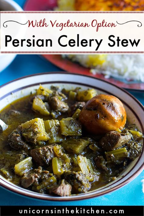 Persian celery stew, also known as Khoresh Karafs is the best way to use up all the celery you have in the fridge. You can make it vegetarian as well. Serve it with some Persian style rice for a full feast. Like other Persian recipes, this is a healthy recipe that's packed with so much flavor. #persianrecipes #persianstew #stewrecipes #vegetarianstew Celery Stew, Persian Food Iranian Cuisine, Food Iranian, Vegetarian Stew, Celery Recipes, Iranian Recipes, Iranian Cuisine, Persian Recipes, Persian Cuisine