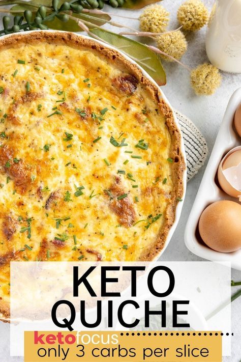 This Keto Quiche is the most delicious creamy custard quiche lorraine with bits of bacon and gruyere cheese on a keto crust. Serve this dish up for a low carb breakfast or delight your Easter or Mother's Day guests for brunch! Custard Quiche, Keto Crust, Low Carb Quiche, Keto Quiche, Bacon Quiche, Quiche Dish, Egg Cheese, Crustless Quiche, Pastry Crust