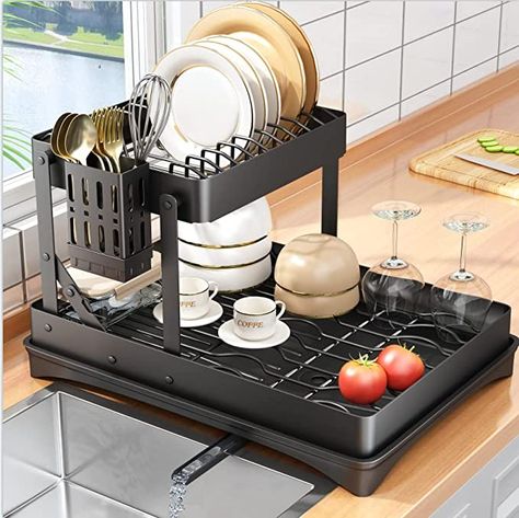 Amazon.com - PXRACK Dish Drying Rack, Collapsible 2 Tier Stainless Steel Dish Rack and Drainboard Set for Kitchen Counter, Large Rustproof Dish Drainer with Removable Water Tray, Utensil Holder, Black - Organiser Cucina, Kitchen Dish Rack, Flatware Caddy, Kitchen Sink Storage, Dish Drying Rack, Cutlery Holder, Dish Drainers, Dish Rack, Sink Storage