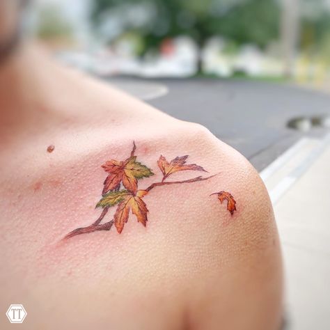 Autumn Botanical Tattoo, Fall Color Tattoo, Maple Leaf Branch Tattoo, Maple Branch Tattoo, Fall Leaves Tattoo Autumn, Fall Trees Tattoo, Fall Sleeve Tattoo, Autumn Flower Tattoo, Autumn Tree Tattoo