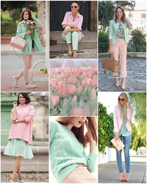 Mint Wide Leg Pants Outfit, Pastel Green Colour Combination, Light Pista Colour Combination, Mint Green And Pink Outfit, Pastel Work Outfit, Spring Colour Palette Outfits, Light Summer Outfit Ideas, Light Spring Color Palette Outfits, Mint Green Outfits