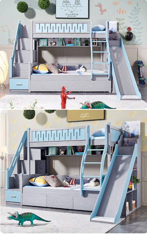 Kids Bunk Bed With Slide, Kids Double Bed Ideas, Double Bed Kids Room, Bunker Beds For Kids, Corner Loft Beds, Kids Bed With Slide, Kids Double Bed, Double Deck Bed, Children Beds