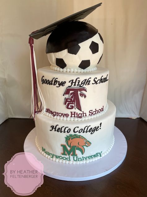 3-tier graduation cake, Goodbye High School Hello College, Soccer, Pottsgrove High School to Marywood University Trunk Party Cake Ideas, High School To College Graduation Cakes, Soccer Graduation Cakes, Cute Graduation Cakes High Schools, Graduation Party Cake Ideas High School, High School Graduation Party Ideas 2024 Boy, Boys Graduation Cakes For High School, High School Graduation Cakes 2024, Boy Graduation Cake Ideas