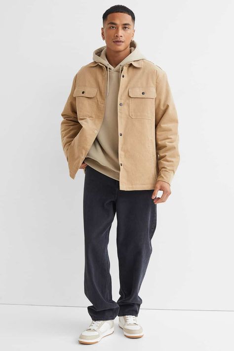 Beige Jacket Outfit, Hm Outfits, Wide Leg Black Jeans, Beige Hoodie, Corduroy Overshirt, Hoodie Outfit Men, White Sneakers Outfit, Sneakers Outfit Men, Hoodie Outfits