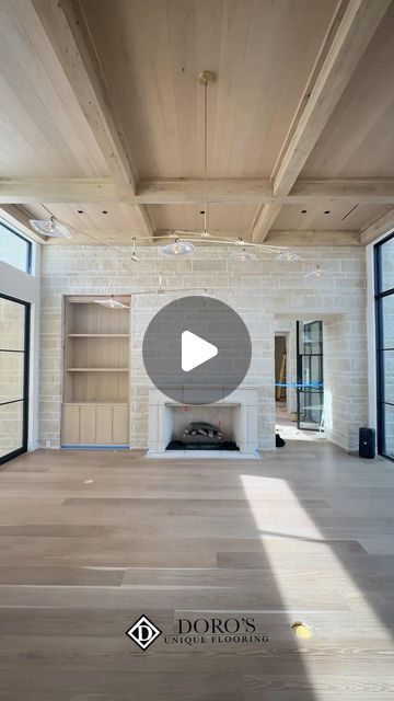 Doro's Unique Flooring on Instagram: "This living space is already looking divine! 🤌 We love how our beams and European white oak floors give this living room so much depth and character. Who else is excited to see @emilygilbertdesigns’ final touches to this room? 😍 #DorosFlooring

Designer: @emilygilbertdesigns
Builder: @localbuildingcompany 
Architect: Distinctive Dwellings" Vaulted Ceiling Beams, European White Oak Floors, White Oak Floors, Unique Flooring, House Doors, Ceiling Beams, Vaulted Ceiling, Oak Floors, White Oak