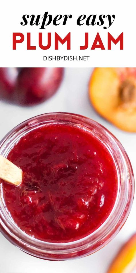 An easy plum jam recipe that only requires 4 simple ingredients, is ready in an hour, and is bursting with the flavor of sweet ripe plums. Perfect for spreading on toast, spooning over homemade yogurt, filling your pie crust, or even eating it by the spoonful! Totally gluten-free, dairy-free, vegan and pectin-free, but it's so good no one would notice! | homemade plum jam | how to make plum jam | homemade jam recipe | stone fruit season | summer jam recipes | summer canning | easy jam recipe Plum And Apple Jam Recipe, Plum Jam For Canning, Prune Plum Jam, Sand Plum Jam Recipe, Canning Plum Jam, Plum Jam Recipe With Pectin, Plum Jam No Pectin, Easy Plum Jam, Sugar Plum Jam Recipe