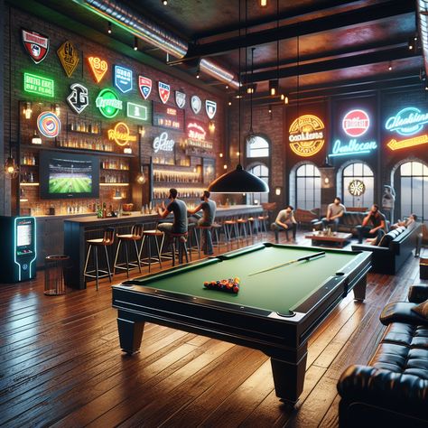 Step into a modern and masculine man cave featuring a neon-edged pool table, wall-mounted TV, high-tech gaming station, and stocked mini-bar. An elegant leather sofa, dartboard, vintage jukebox, and neon signs contribute to the room’s relaxed, nostalgic vibe. #ManCaveIdeas #HomeBars #GameRoom #PoolTable #SportsLounge #GamingStation Billard Club Design, Masculine Man Cave, Garden Summerhouse, Bar Americano, Bar Pool Table, Bars Ideas, Billiards Bar, Modern Man Cave, Masculine Man