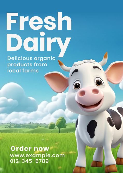 Fresh dairy products poster template, editable text and design | premium image by rawpixel.com / MEANISM Dairy Design Ideas, Cow Poster, Milk Dairy, Cow Milk, Cartoon Cow, Dairy Products, Awesome Designs, Template Ideas, Best Templates