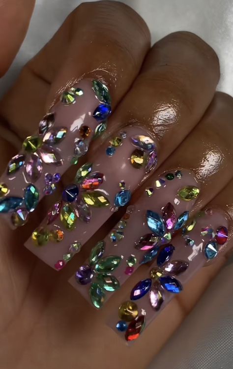 Rainbow Nails With Rhinestones, Short Bedazzled Nails, Rainbow Rhinestone Nails, Short Rhinestone Nails, Nail Doodles, Blinged Out Nails, Bts Nails, Bedazzled Nails, Orange Acrylic Nails