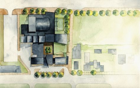 watercolor site plan. anyone know the creator??? Site Plan Design, Landscape Architecture Drawing, Interior Architecture Drawing, Architecture Elevation, Architecture Panel, Conceptual Architecture, Watercolor Architecture, Illustrations Design, Architectural Floor Plans