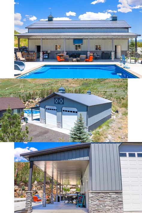 Pool And Garage Ideas, Shop With Pool House, Backyard With Shop And Pool, Pool Shop Ideas, Pole Barn Family Room, Metal Shop Building With Outdoor Kitchen, Pool House Metal Building, Pool House Shop Combo, Barndo Pool House