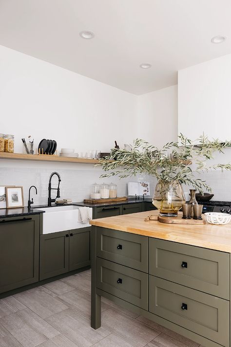 Earthy Two Tone Kitchen, Earthy Kitchen Design, Green Shaker Cabinets, Eclectic Organic, White Apron Sink, Butcherblock Countertops, Earth Tones Kitchen, Kitchen Island Black, Montana Kitchen