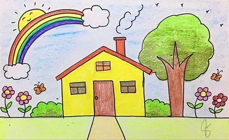 ♥ Rainbow Scenery Drawing For Kids, Rainbow Drawing For Kids, Colourful Drawing, Odyssey Art, Simple House Drawing, Drawing Pictures For Kids, House Drawing For Kids, Scenery Drawing For Kids, معرض فني