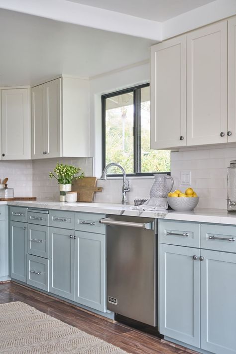 Light Blue Bottom Cabinets White Top, Light Blue Lower Cabinets White Upper, Ice Blue Kitchen Cabinets, Kitchen Contrasting Cabinets, Small Kitchen Ideas Blue, Light Blue Grey Kitchen Cabinets, Sky Blue Kitchen Cabinets, Two Tone Blue Kitchen Cabinets, Blue Kitchen Walls White Cabinets