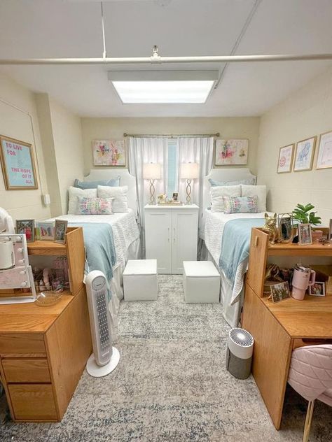 Dorm Rooms and Beyond | Facebook Dorm Room Ideas Both Sides, Dorm 2 People, Dorm Set Up Layout Double, Cute Dorm Room Ideas For Two, College Double Dorm Room Ideas, Matching Dorm Room Ideas Roommate, College Dorm Room Ideas 2 People, Dorm Room Layouts Double, 2 Person Dorm Room Ideas