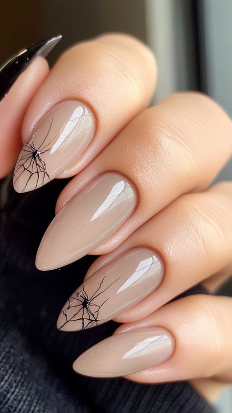 23 Neutral Halloween Nail Ideas for a Stylish Yet Subtle Look | Lookosm Spooky Natural Nails, Happy Halloween Nails, Black Nails Autumn, Halloween Elegant Nails, October Halloween Nails, Halloween Nude Nails, Subtle Spooky Nails, Halloween Nails Subtle, Nude Halloween Nail Designs