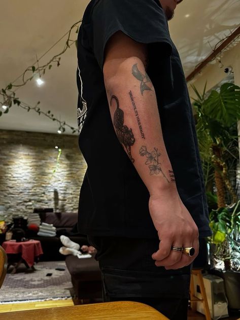 Mens Arm Tattoos Patchwork, Men’s Patch Work Sleeve Tattoo, Patch Work Tattoo Men Forearm, Swallow Arm Tattoo Men, Male Sticker Tattoo Sleeve, Patchwork Tattoo Designs Men, Tiger On Arm Tattoo, Chinese Patchwork Tattoo, Arm Tattoo Inspo Aesthetic