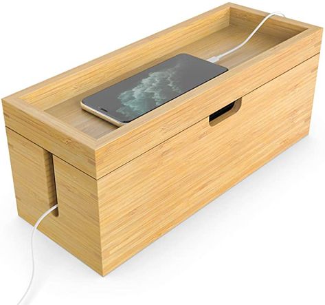 Amazon.com: Bamboo Cable Management Box, Hider Cord Organizer Box Large Storage Holder for Desk - Conceal Power Strips Electrical Cords from TV Computer USB Hub (Nature): Electronics Cable Tidy Ideas, Hide Tv Cables, Floor Cord Cover, Cable Organizer Box, Cable Management Box, Hidden Tv, Hide Cables, Side Box, Hide Wires