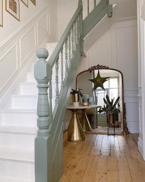 From Drab to Fab: 13 Hall Stairs and Landing Ideas 10 Hall Stairs And Landing Ideas, Landing Ideas Upstairs, Stairs And Landing Decor, Stairs And Landing Ideas, White Banister, Hallway Wall Colors, Card Room Green, Stairs And Hallway Ideas, Stairs Colours