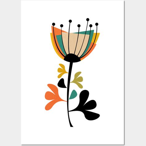 A bold and abstract floral design in shades of orange, yellow, green, and black. The flowers are stylized with geometric shapes and sharp angles, giving it a distinct mid-century modern aesthetic. The design is simple, yet eye-catching and would be a great addition to any modern or retro-inspired collection. -- Choose from our vast selection of art prints and posters to match with your desired size to make the perfect print or poster. Pick your favorite: Movies, TV Shows, Art, and so much more! Mid Century Aesthetic Art, Mid Century Tattoo, Mid Century Flowers, Mid Century Modern Flowers, Mid Century Flower Art, Retro Flower Painting Ideas, Mid Century Modern Floral Art, 70s Flower Painting, Mid Century Flower Illustration