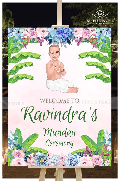 This DIY Annaprashan sign & Indian baby naming sign, a fusion welcome sign in traditional elegance, is complemented with florals & leaves, perfect for your Indian Baby shower celebrations or Noolukettu signs, Barasala signs, Thottil signs, Uyyala signs!
This Electronic Mundan ceremony welcome sign template download is one, that you can easily play around with to match your Mundan welcome signs decor. Mundan Ceremony Decoration, Mundan Ceremony, Ceremony Welcome Sign, Baby Naming Ceremony, Graphic Wedding Invitations, Traditional Decoration, Cradle Ceremony, Baby Naming, Ceremony Sign