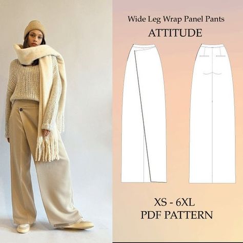 Attitude Wrap Panel Pants - trousers with a wrap look This pattern comes with a sewing guide with step-by-step instructions, making it super easy to sew your own garment. If you leave out the back welt pockets, this pattern is also great for beginners. Scope of delivery: Sizes included: XS-6XL The seam allowance is 1 cm for all sizes. You can also print individual sizes in Acrobat Reader. The pattern is available in A4 / US Letter (print at home) and A0 (print at copy shop) sizes. Instant Downlo Unique Sewing Patterns, Sewing Guide, Trousers Pattern, Wrap Pants, Pants Sewing Pattern, Couture Mode, Easy To Sew, Sewing Design, Diy Couture