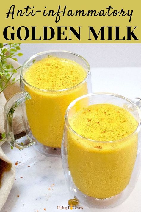 This popular Ayurvedic Haldi Doodh, also known as Golden Turmeric Milk, is a healthy and healing drink. Made with adding turmeric and spices to boiling milk, it is a cup of wellness used to treat the common cold. | turmeric latte | golden milk latte | https://pipingpotcurry.com/haldi-doodh-golden-turmeric-milk/ Golden Milk Benefits, 3 Ingredient Dog Treats, Turmeric Latte Recipe, Haldi Doodh, Turmeric Golden Milk, Golden Milk Recipe, Turmeric Drink, Golden Milk Latte, Turmeric Milk