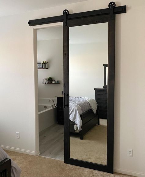 Barn Doors & More, Inc.’s Instagram profile post: “• Knotty Alder Mirror Barn Door • Basic Hardware • Hanson Handle for a master bedroom/bathroom • Installed by customer 🛠 #madeinusa…” Mirror Sliding Door, Mirror Barn Door, Bedroom Barn Door, Sliding Mirror Door, Bathroom Barn Door, Mirror Closet Doors, Barn Door Closet, Bedroom Redesign, Knotty Alder