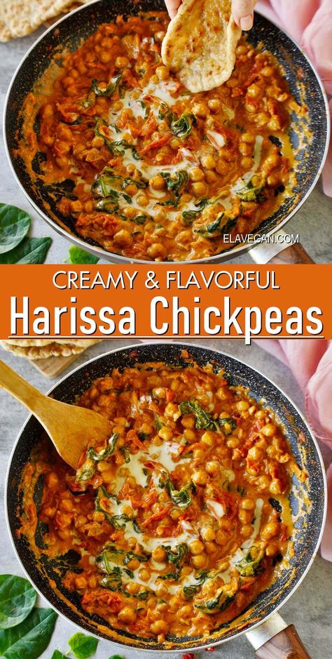 Prepare a cozy harissa chickpea stew that's comforting and delicious! This one-pot meal is packed with protein and fiber, thanks to chickpeas simmered in a creamy, spicy tomato harissa sauce with spinach. Harissa Chickpeas, Ella Vegan, Vegan Chickpea Recipes, Harissa Sauce, Spiced Chickpeas, Chickpea Stew, Vegan Side Dishes, Pea Recipes, Chickpea Recipes