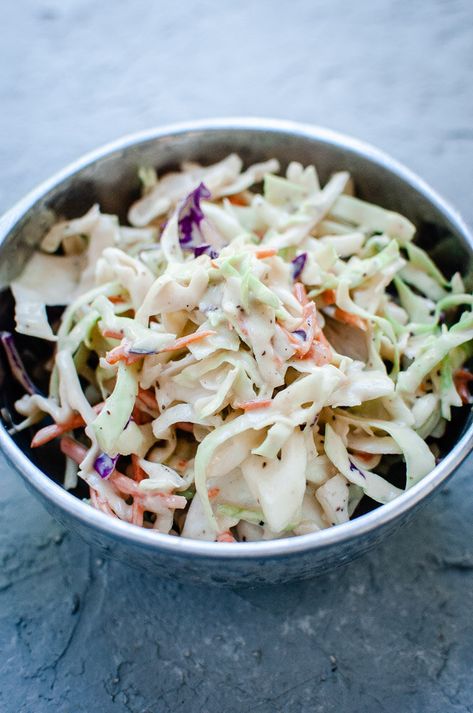 This creamy vegan take on a classic coleslaw salad recipe is rich, creamy, refreshing, crunchy, healthy and bursting with big flavor! This easy vegan coleslaw is perfect as is, or served in addition to your favorite summer meals. Keto diet friendly! Vegan Coleslaw #vegancoleslaw #ketocoleslaw Keto Coleslaw Easy Vegan Coleslaw, Coleslaw Salad Recipe, Vegan Coleslaw Recipe, Keto Coleslaw, Classic Coleslaw, Easy Pickling Recipes, Vegan Potluck, Coleslaw Recipe Easy, Easy Coleslaw