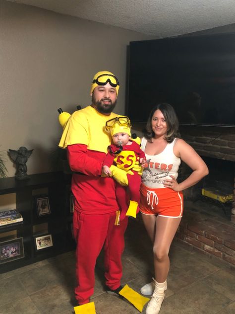 Adam Sandler’s big daddy movie family themed Halloween costume diy Big Daddy Halloween Costume, Scuba Steve Costume Diy, Scuba Steve Costume, Adam Sandler Costume Ideas, Hooters Girl Costume, Hooters Costume, Steve Costume, Scuba Steve, Future Costume