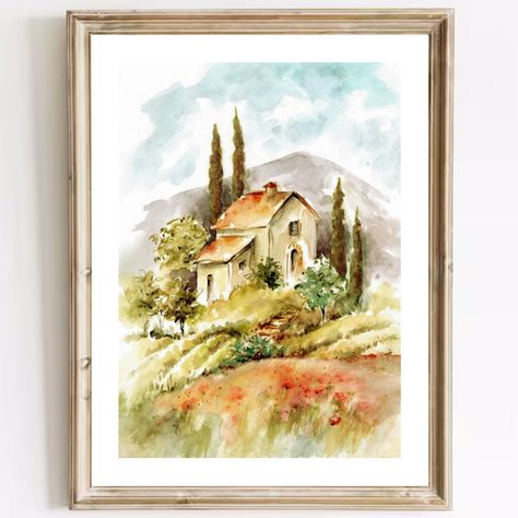 Stampin Up Hills Of Tuscany, Tuscany Cottage, Watercolor Cottages, Tuscany Watercolor, Watercolor Cottage, Italy Watercolor, Tuscany Landscape, Scotland Landscape, Cottage Painting