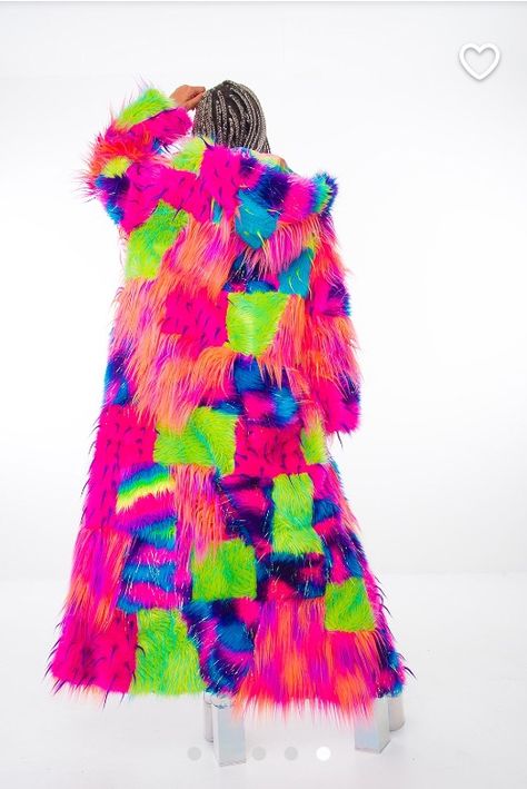 Patchwork Fur Coat, Patchwork Rainbow, Africa Burn, Rainbow Festival, Festival Coats, 90s Rave, Patchwork Coat, Neon Fashion, In The Studio