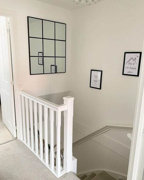 Claire & Gav’s Instagram profile post: “New mirror on the landing 🪞 ignore the marks on the banister and wall still yet to decorate! #landingdecor #landinginspo #landing…” Upstairs Corner Hallway Ideas, Landing Ideas Upstairs Mirror, Top Of Stairs Banister Ideas, Mirror Over Stairs, Down The Stairs Wall Decor, Mirror Stairs Landing, Landing Window, Landing Mirror, Landing Mirror Ideas