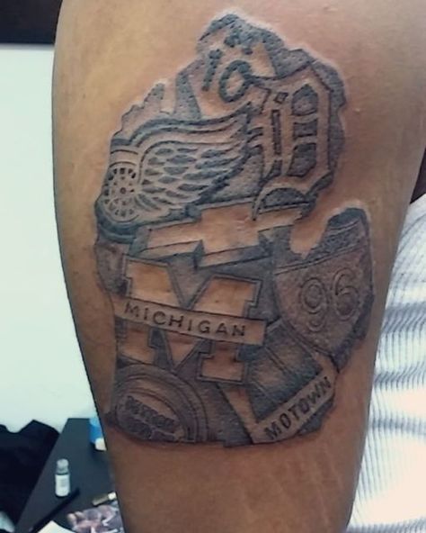 Detroit Sports Tattoo, University Of Michigan Tattoo, Detroit Lions Tattoo, Michigan Wolverines Tattoo, Detroit Tattoo Ideas, Michigan Tattoo Ideas, Michigan Tattoo, Detroit Tattoo, Wolverine Tattoo